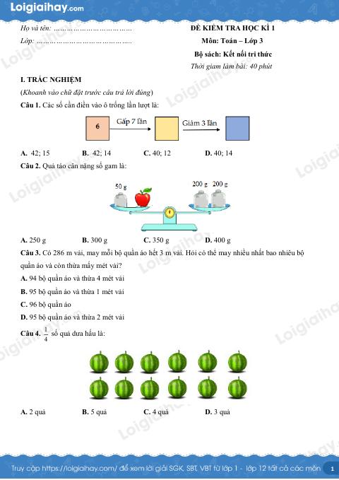 Đề kiểm tra học kì 1 Toán 3 Kết nối tri thức - Đề số 5